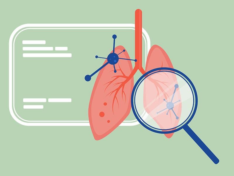 Magnifying glass over a lung with a chart in the background