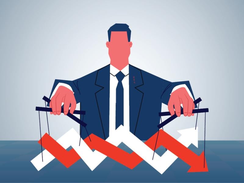 Figure using puppets to control up and down fluctuations of the two arrows charts